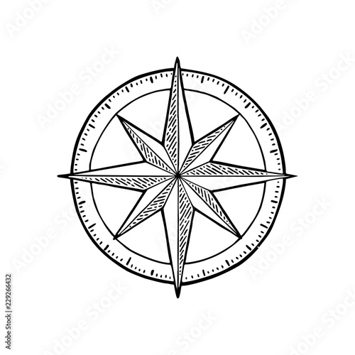 Compass rose isolated on white background. Vector vintage engraving illustration.