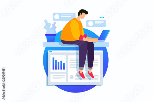 Concept of digital technology, work with business graphics, career growth to success. Young man sits with laptop and rewrites in chat. Vector flat illustration.
