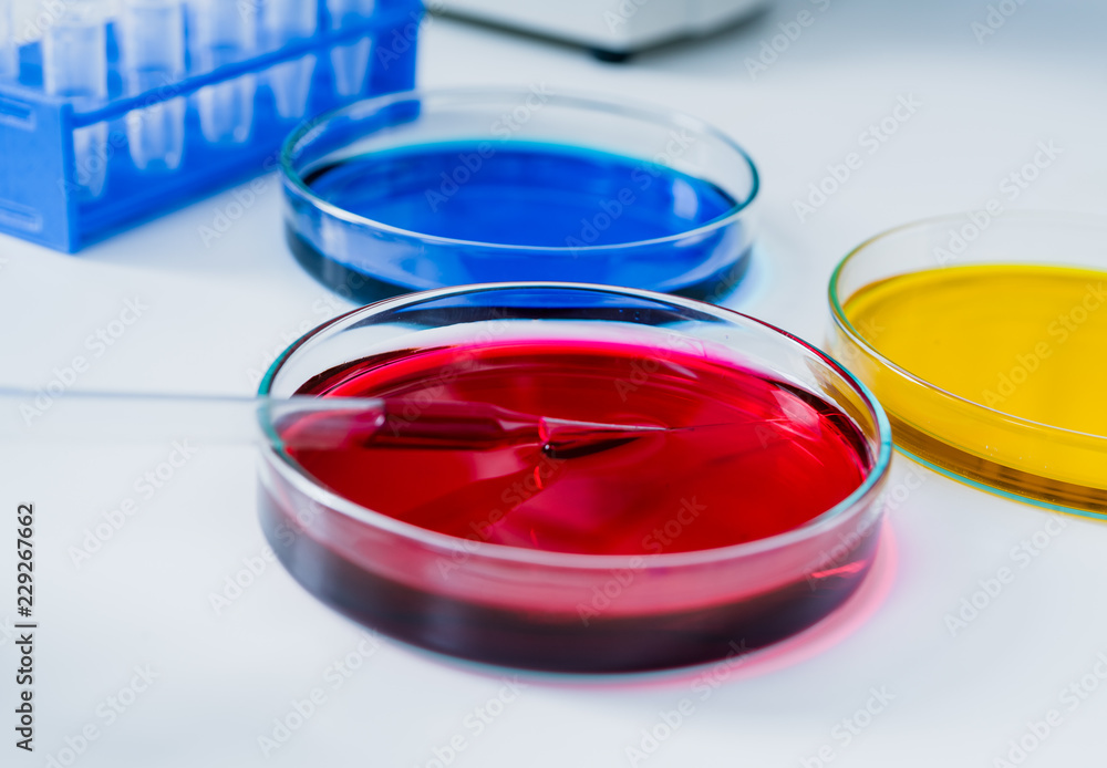 Pipette with drop of color liquid and petri dishes. Pipette with drop of color liquid and petri dishes.