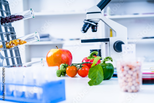 Chemical Laboratory of the Food supply . Food in laboratory, dna modify .GMO Genetically modified food in lab 