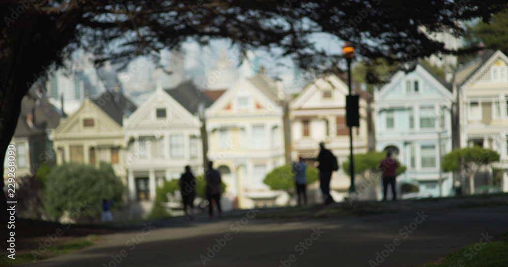 Naklejka premium Touristy neighborhood park in San Francisco with iconic painted ladies houses