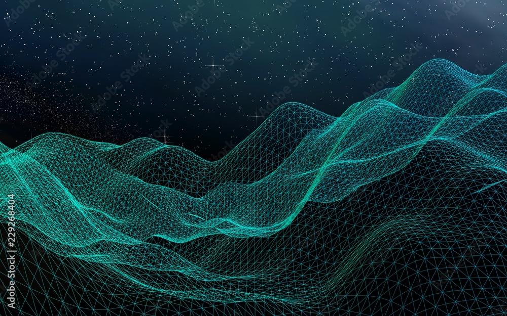 Abstract landscape on a dark background. Star horizon. Cyberspace grid. Hi-tech network. Outer space. Starry outer space texture. 3D illustration Abstract landscape on a dark background. Star horizon. Cyberspace grid. Hi-tech network. Outer space. Starry outer space texture. 3D illustration