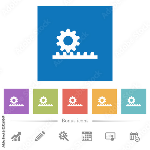 Cogwheel with rack pinion flat white icons in square backgrounds