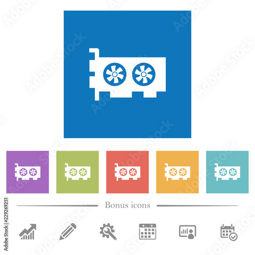 Computer video card flat white icons in square backgrounds