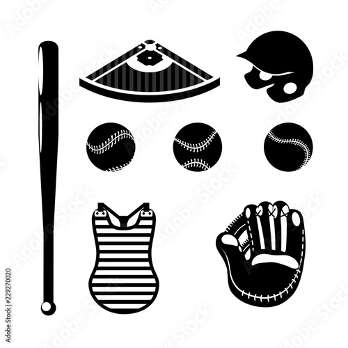 set silhouette professional baseball game with equipment