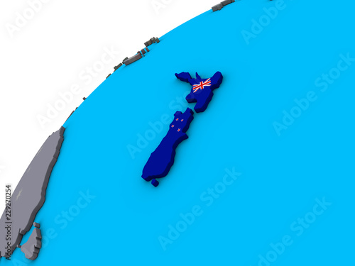 New Zealand with national flag on 3D globe.