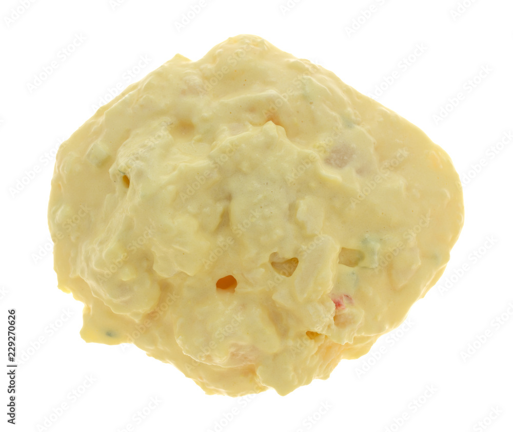 Top view of a portion of potato and egg salad isolated on a white background. Top view of a portion of potato and egg salad isolated on a white background.