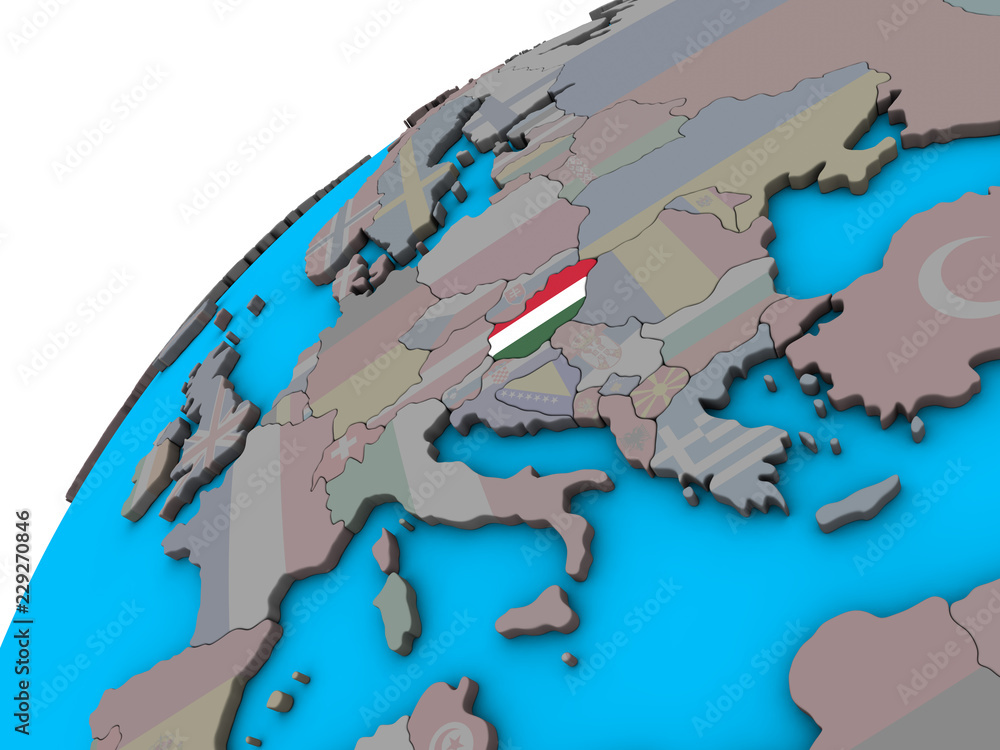 Hungary with national flag on 3D globe.
