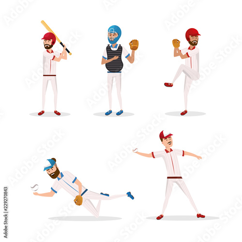 set baseball players team with uniform and equipment