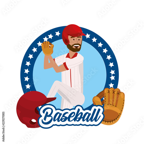 circle sticker with baseball player and equipment
