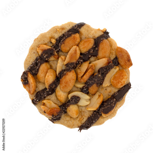 Top view of a single chocolate striped peanut cookies isolated on a white background.