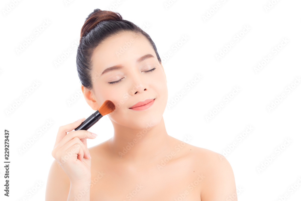 Beauty of portrait asian woman applying make up with brush of cheek isolated on white background, beautiful of girl holding blusher, skincare and cosmetic concept. Beauty of portrait asian woman applying make up with brush of cheek isolated on white background, beautiful of girl holding blusher, skincare and cosmetic concept.