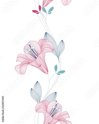 Abstract seamless hand drawn floral pattern with lily flowers. Vector illustration. Element for design.