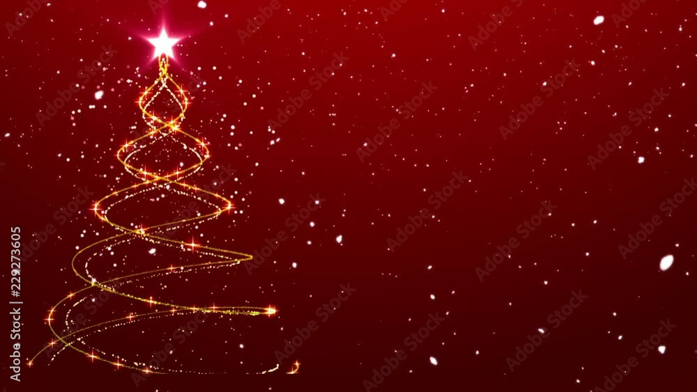 Christmas Tree Particle Animation with Snow Falling on Simple Red Background.  Beautiful Holiday Background with room for your message.