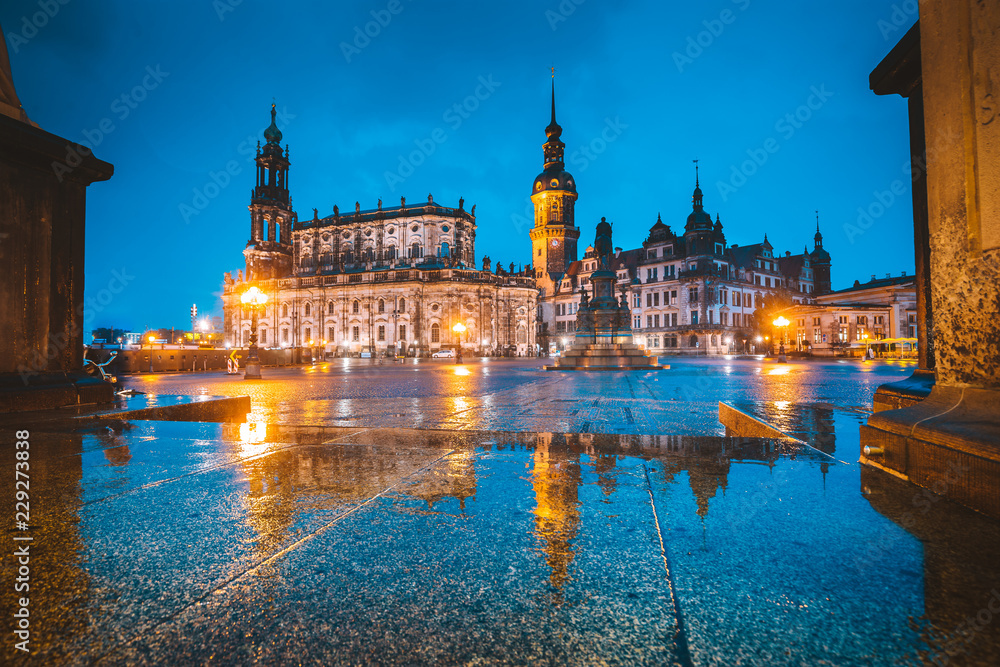 Dresden city center with dramatic sky at twilight, Saxony, Germany