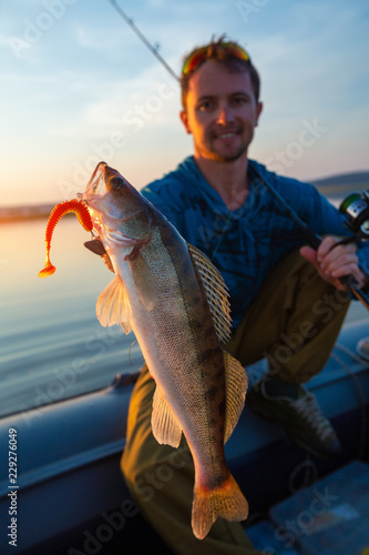 Young angler holds fish (zander) sitting in a boat at a lake during sunset