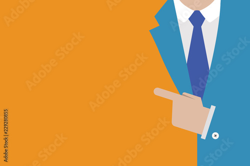 Flat design business Vector Illustration concept template copy space text for Ad website esp isolated 3d isometric. Man in Suit Presenting and Pointing Left Hand Index Finger on a Blank Board
