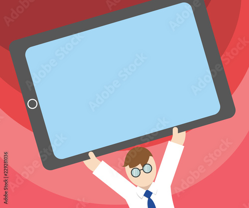 Flat design business Vector Illustration Empty template esp isolated Minimalist graphic layout template for advertising. Man Wearing Tie Eyeglasses Arms Raising Upward Large Blank Screen Tablet
