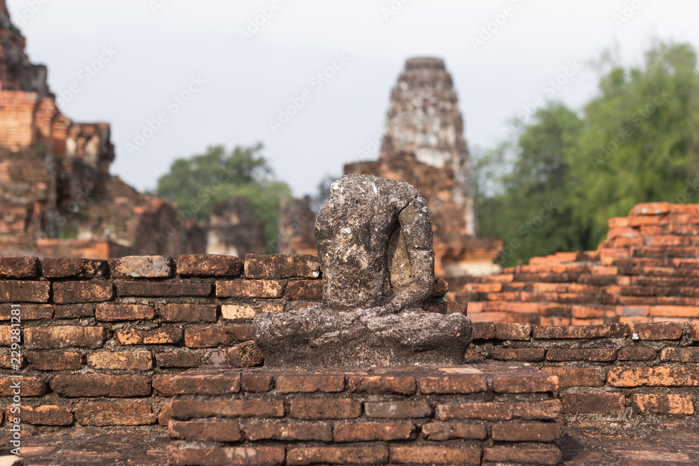 The old buddha image on cement with ruins and ancient, Built in modern history in historical park is the UNESCO world heritage, Sukhothai Thailand.