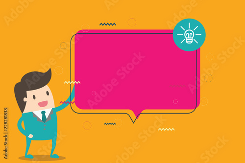 Flat design Vector Illustration Empty esp template copy text for Ad, promotion, poster, flyer, web banner, article. Man in Suit Standing Talking with Blank Speech Bubble and Bulb Idea icon
