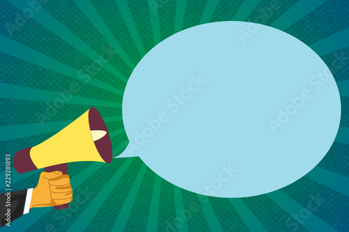 Flat design Vector Illustration Empty esp template copy text for Ad, promotion, poster, flyer, web banner, article. Human Hand Holding Megaphone and Blank Oval Speech Bubble over Sunburst