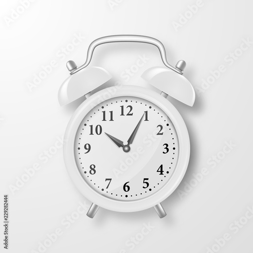 Vector Realistic 3d White Retro Alarm Clock Closeup on White Background. Design Template of Vintage Alarm Clock for Graphics, Banners, Advertise. Top View