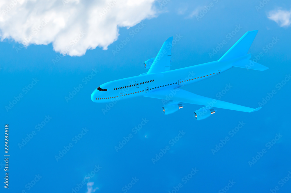 Fototapeta premium Airplane flying mock-up blue color on blue sky