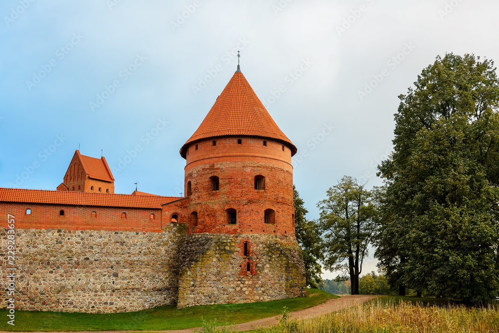 Ancient castle on island in middle of lake. Trakai Island Castle historical landmark, Lithuania.