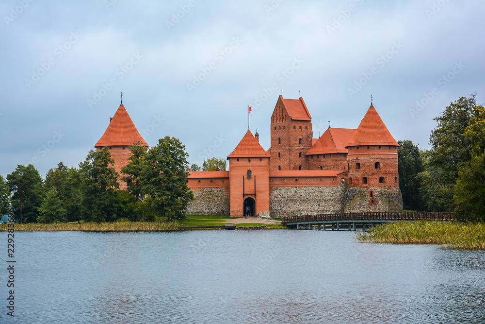 Ancient castle on island in middle of lake. Trakai Island Castle historical landmark, Lithuania.