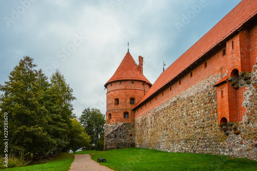 Ancient castle on island in middle of lake. Trakai Island Castle historical landmark  Lithuania.