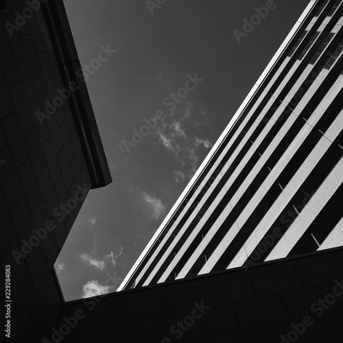 Black and white long exposure of office buildings in Tokyo, Japan