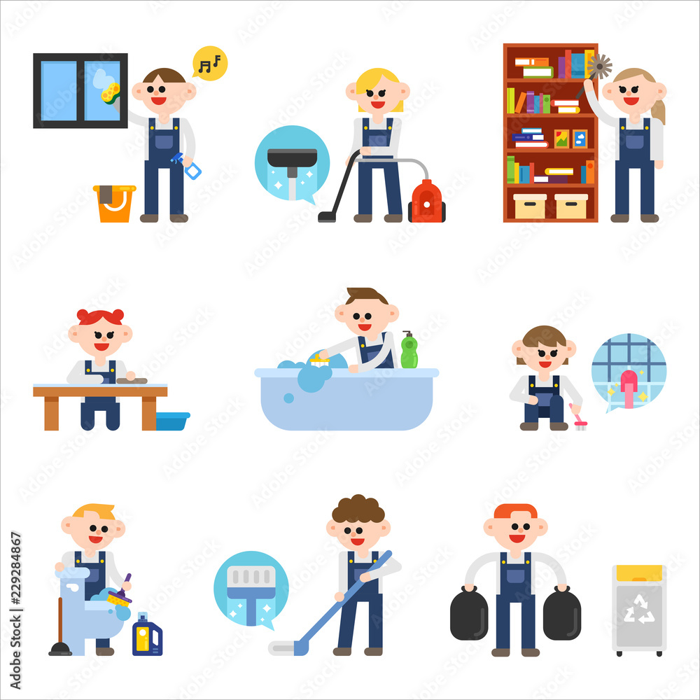 house cleaning character set. flat design style vector graphic illustration.
