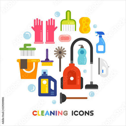 cleaning tools set. flat design style vector graphic illustration.