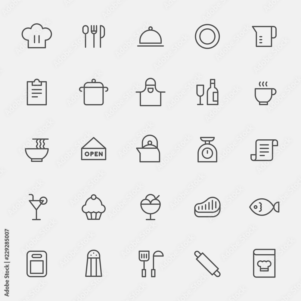 kitchen tools black line icon set. flat design style vector graphic illustration.