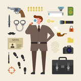 Detective characters and investigative tools. flat design style vector graphic illustration.