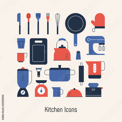 kitchen object icons poster. flat design style vector graphic illustration.