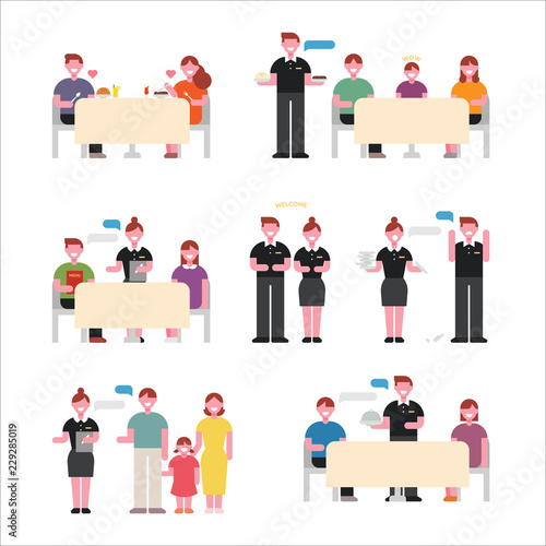 Character set of restaurant staff and guests. flat design style vector graphic illustration.