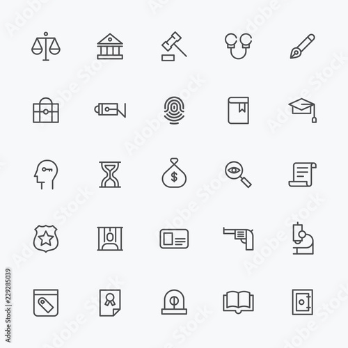 black line icons about criminal. flat design style vector graphic illustration.