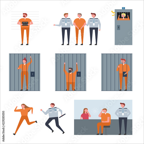 Various life of prisoners in prison. flat design style vector graphic illustration.