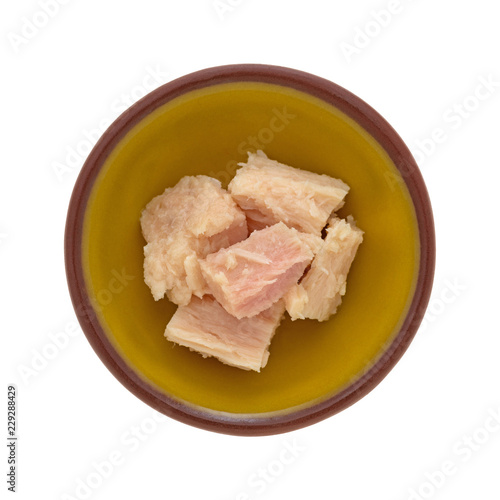 Top view of a small bowl with solid white albacore tuna in olive oil chunks isolated on a white background.