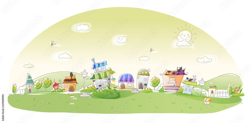 Buildings on a landscape with mountains in the background Buildings on a landscape with mountains in the background