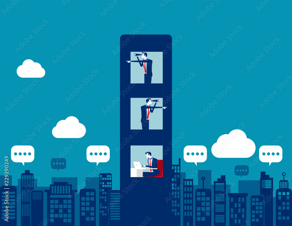 Naklejka premium Business team with spying and analysis competitors. Concept business vector illustration, Binoculars, Partnership, Competitors , Flat business cartoon.