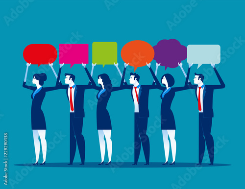 Young business holding up thought bubbles. Concept business business vector illustration  Flat business cartoon  Talking  Meeting  Brainstorm.