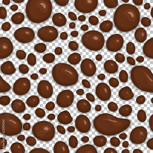 Brown drops of slime isolated background. Realistic dark chocolate bubbles of different shapes. Seamless pattern of melted chocolate. Kid sensory toy vector illustration. Sweet dessert glossy drops.
