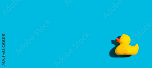One yellow rubber duck on a blue background