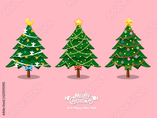 Christmas trees cartoon collection. Merry Christmas and happy new year for decorative element on holiday. Vector Illustration.