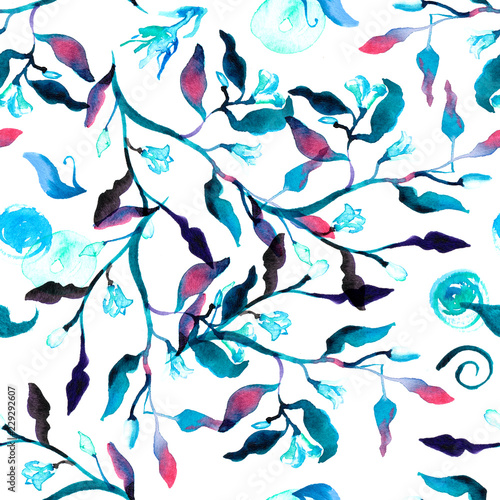 Seamless pattern with abstract blue branches, leaves, buds, flowers, and watercolour splashes on a white background