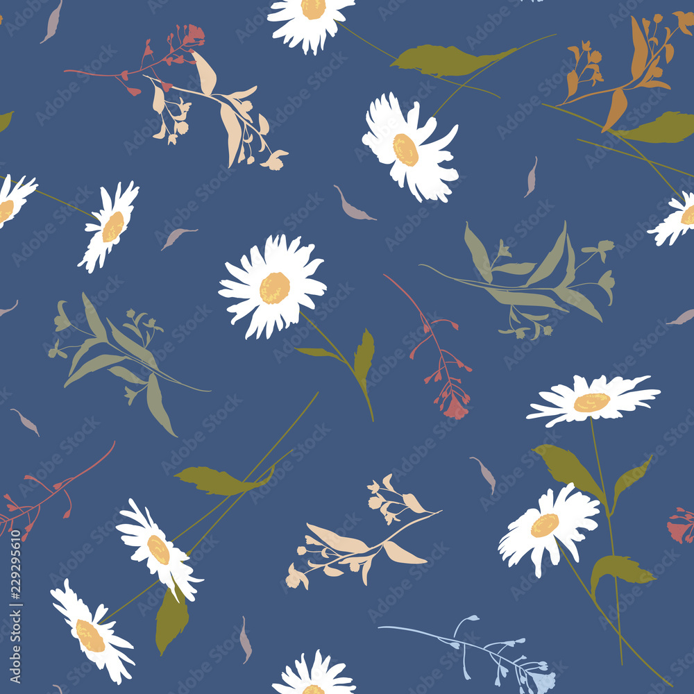 Seamless vector floral pattern with meadow flowers hand-drawn in sketch style in soft pastel colors on blue background