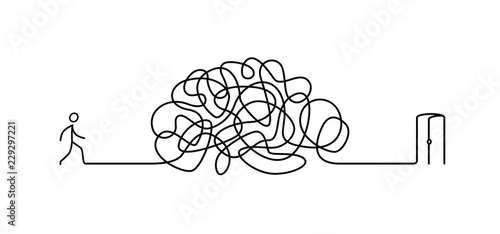 Illustration of a man walking through a labyrinth to the exit. Vector. The labyrinth is like a brain. Metaphor. Linear style. Illustration for a website or presentation. Solving problems in life. Sear