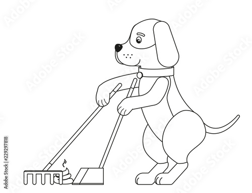 A funny dog cleaning up his new creation.Outline.Vector illustration.